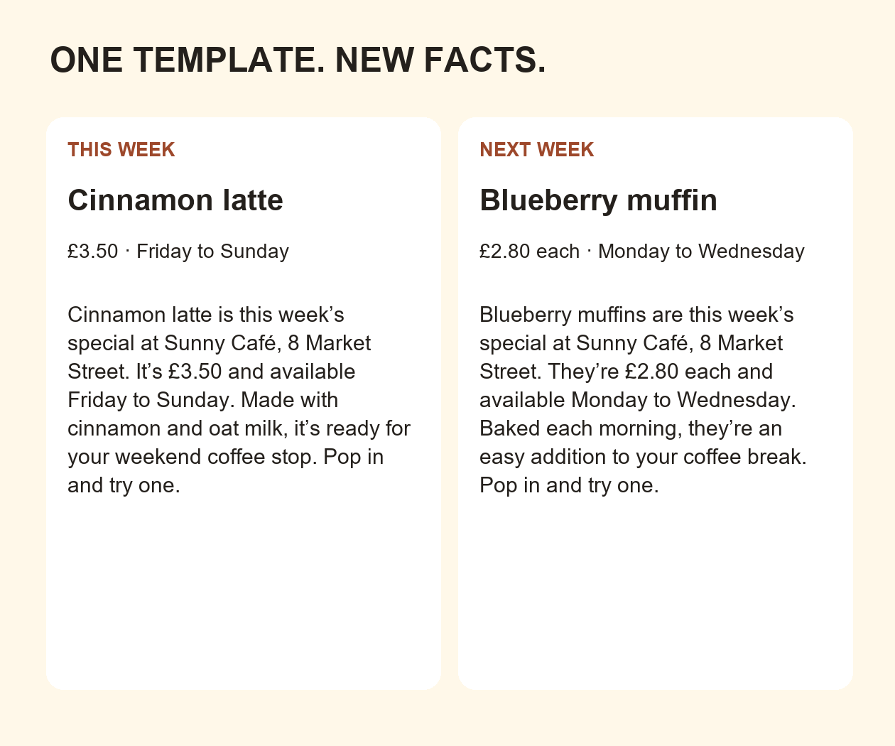Two complete captions: a £3.50 cinnamon latte Friday to Sunday, then a £2.80 blueberry muffin Monday to Wednesday.