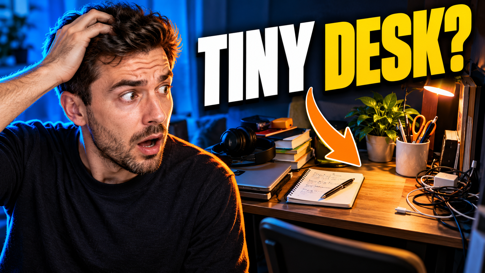 Photographic thumbnail: surprised fictional presenter beside a cramped desk, with large yellow and white TINY DESK? headline.