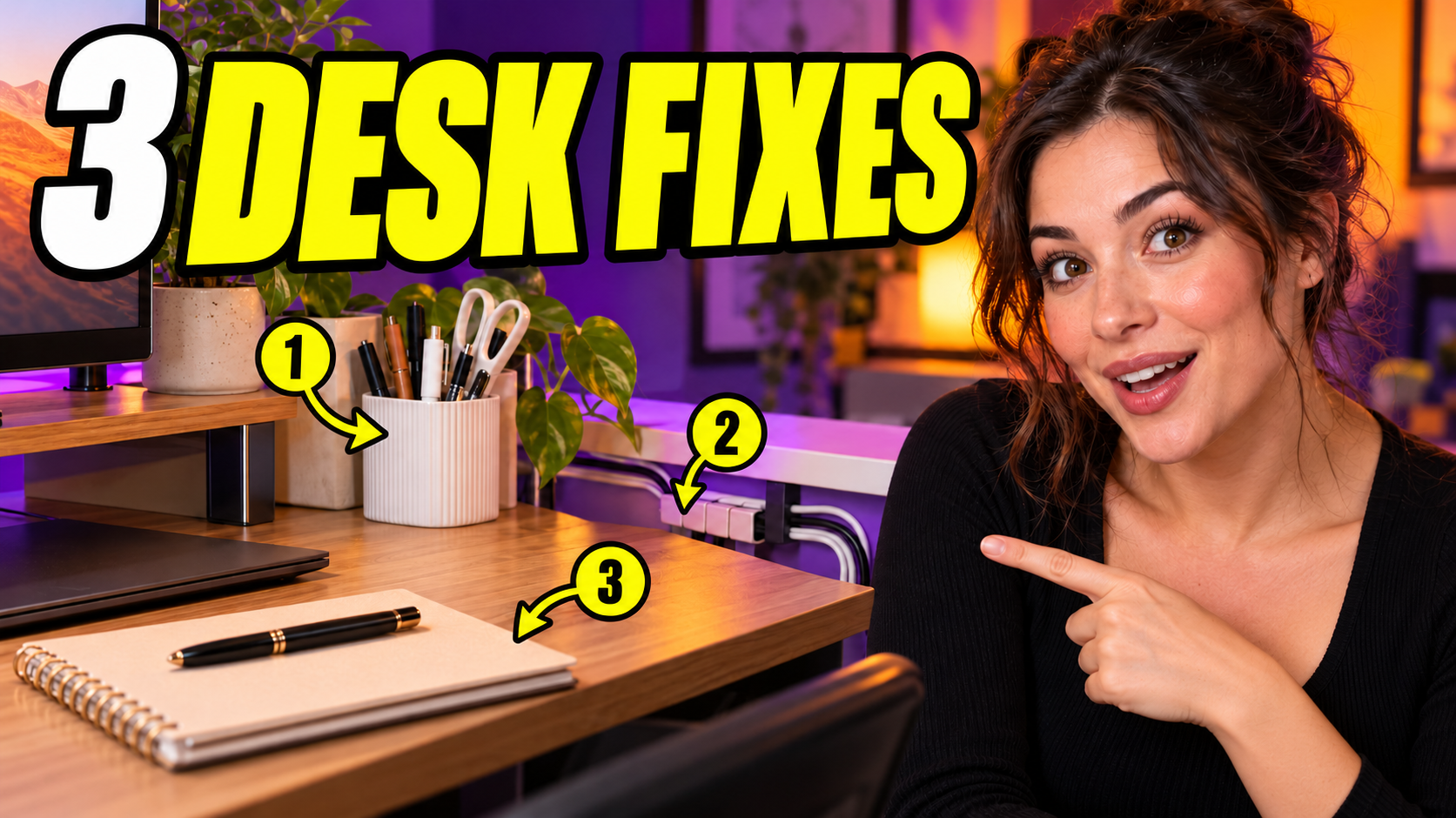 Photographic thumbnail: fictional presenter points toward three highlighted desk improvements under the headline 3 DESK FIXES.
