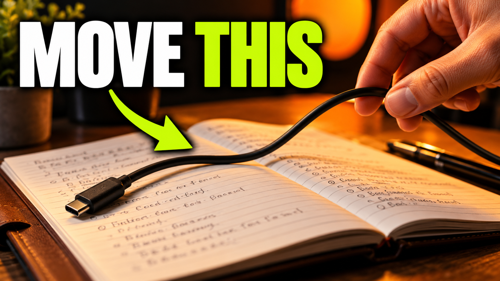 Photographic cable close-up: a hand lifts a loose cable from an open notebook beneath the headline MOVE THIS.