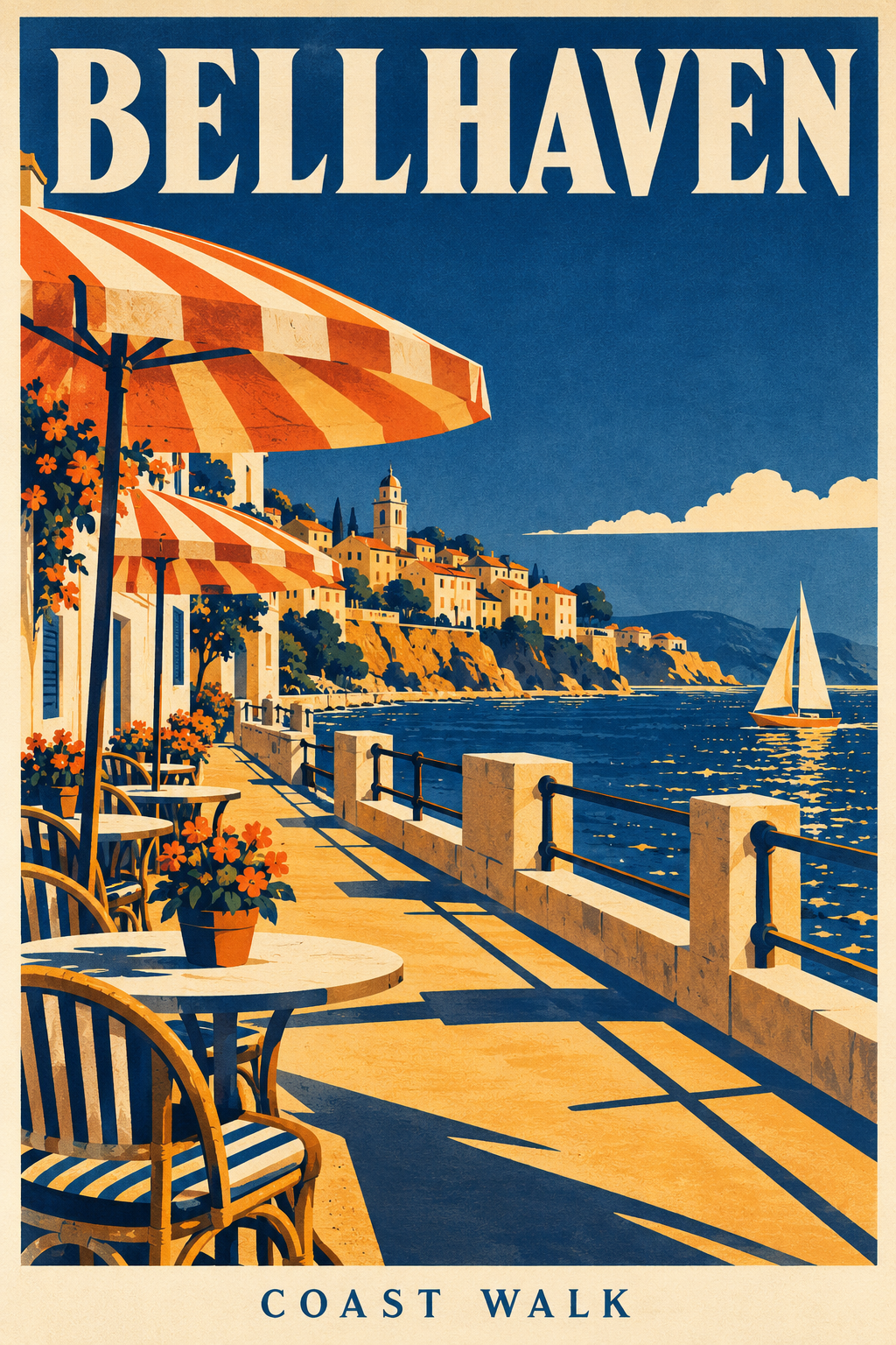 Retro Bellhaven coast-walk poster with striped parasols, seafront and sailboat in indigo, orange, ochre and ivory.