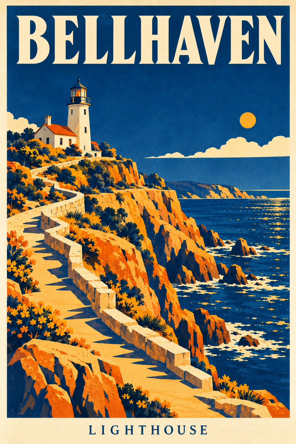 Matching retro Bellhaven lighthouse poster with a cliff, lighthouse and angular path.