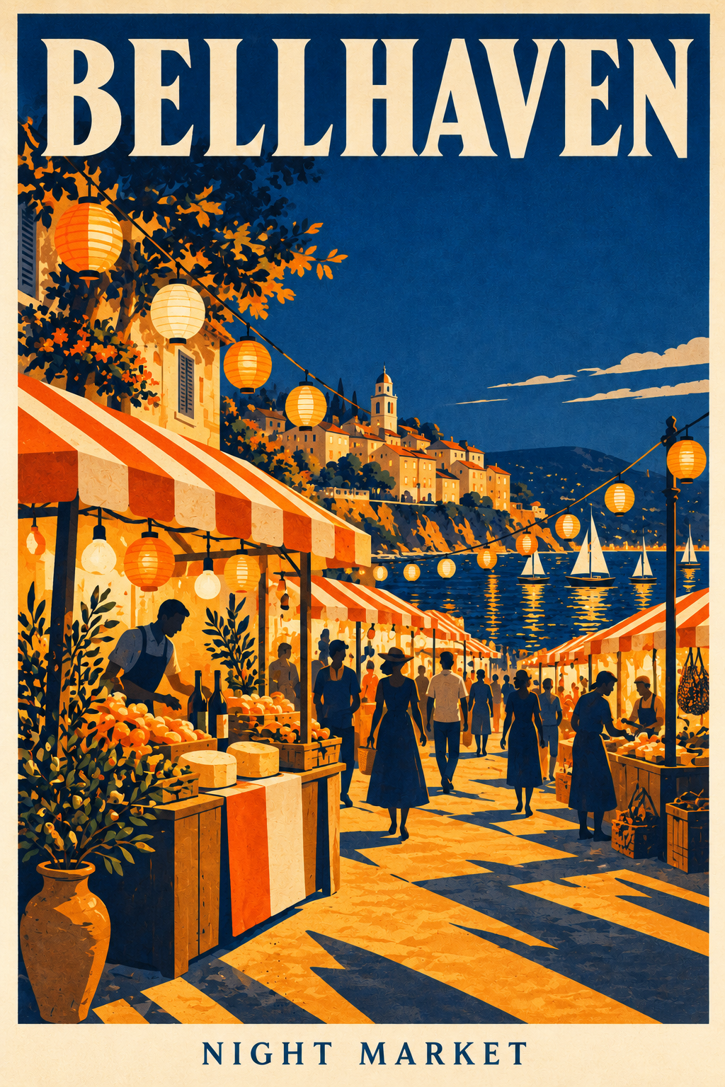 Matching retro Bellhaven night-market poster with lantern-lit stalls and harbour shoppers.
